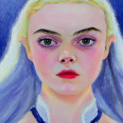 Image similar to professional painting of Elle Fanning in Santorini in the style of George Luks, head and shoulders portrait, symmetrical facial features, smooth, sharp focus, illustration, intricate, stormy weather, extremely detailed masterpiece,