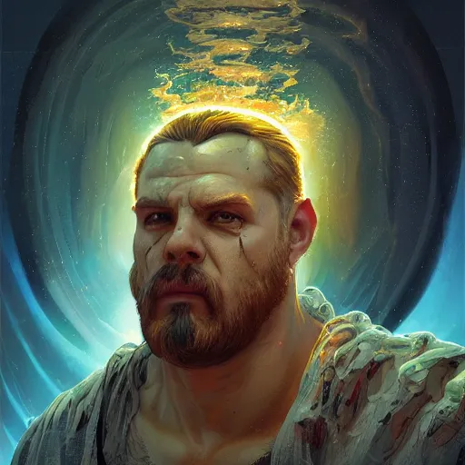 Image similar to melted zeus starring into the camera, fixed eyes, lightning, surreal, dramatic lighting, face, detailed, intricate, elegant, highly detailed, digital painting, artstation,, concept art, smooth, sharp focus, illustration, art by sam spratt, dan mumford, artem demura and alphonse mucha