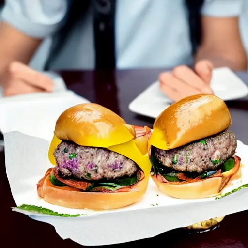 Prompt: delicate photo in restaurant menu showing squid burger combo that contains 3 pieces of crispy slug, natural sea salt eye balls, and choice of two slug infused sauces