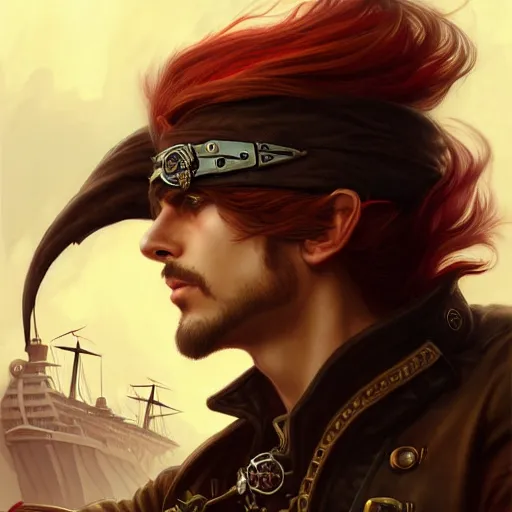 Prompt: male airship pirate, D&D, handsome, side profile, fantasy, intricate, long hair, leather coat, airship, steampunk, red hair, elegant, highly detailed, digital painting, artstation, concept art, smooth, sharp focus, illustration, art by artgerm and greg rutkowski and alphonse mucha