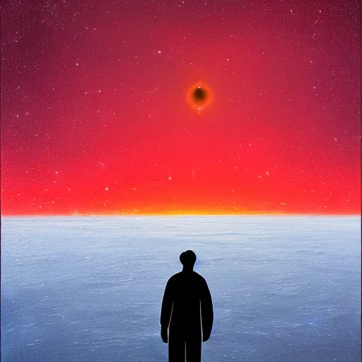 Image similar to a lonely man standing on a deserted planet, glow, acrylic art, painting, canvas, gloomy, digital art,