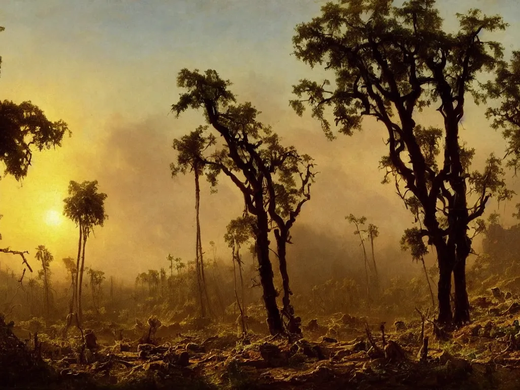 Image similar to a new dawn after a post apocalyptic california landscape after a nuclear war, foliage, plants, flowers, beautiful, sunrise lighting, beautiful painting, los angeles, painted by albert bierstadt