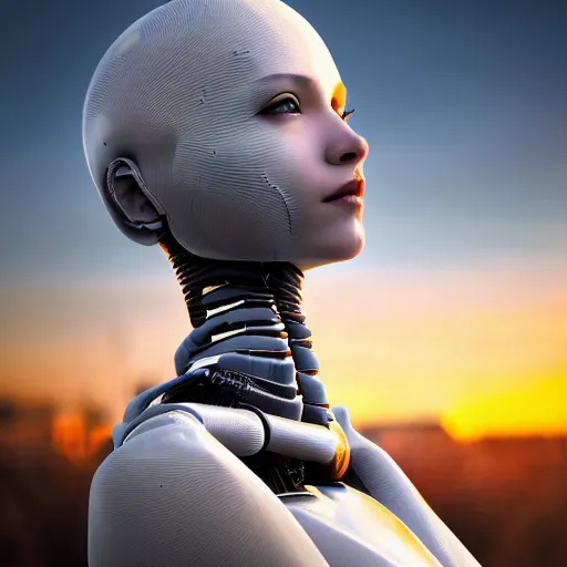 Prompt: beautiful Fine art photography of a solarpunk part robot part human girl with real human face, white background, highly detailed, medium shot, photorealism, sunset lighting 8k