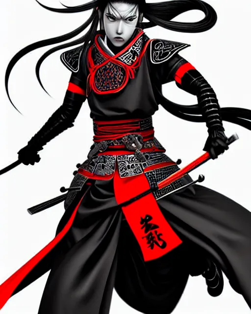 Image similar to beautiful samurai warrior woman only, manga style only, black white and red colors only, symmetrical face and full body, demonic, cinematic, powerful, super detailed and intricate, hyper realistic, 4 k render, by artgerm, by kyoung hwan kim, by ralph mcquarrie, by yoshiyuki tomino