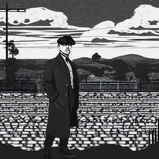 Prompt: tommy shelby in birmingham, peaky blinders, walking at night, bar in distance, stardew valley aesthetic, dark, grimy, moonlit sky with a few clouds, muddy street, creepy, art by concernedape