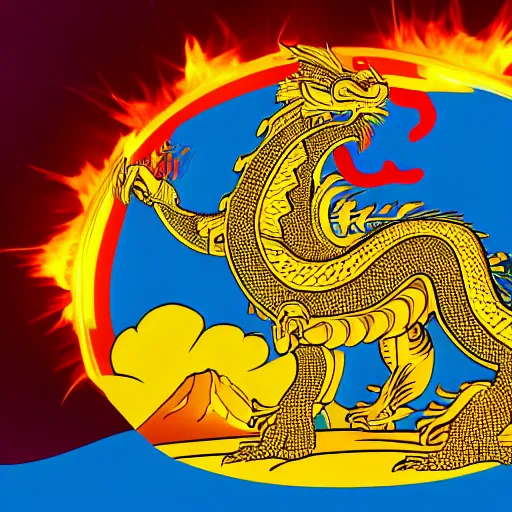 Prompt: a golden chinese dragon in front of a glowing volcano in a gloomy atmosphere, in pop art style