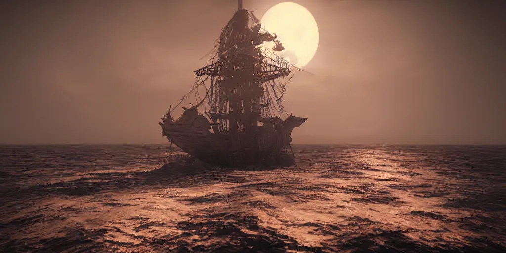 Image similar to ethereal ghost pirate ship at open sea at night, full moon behind it, 3 d art, octane render, 6 k, unreal engine, horror movie