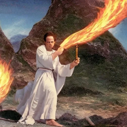 Image similar to cinematic still of divine angelic man with white ancient Canaanite robes holding a flaming sword, paradise in the background