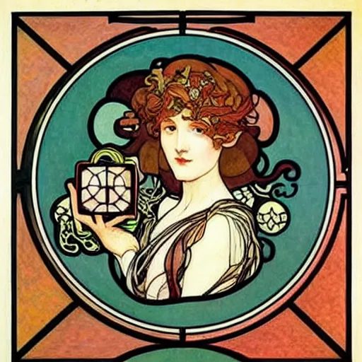 Prompt: beautiful art nouveau painting of companion - cube!!!!!!!!!!!!!!!!! companion - cube!!!!!!!!!!!!!!!!!, by william morris, mucha, gaudy colors. intricate linework. sharp edges.