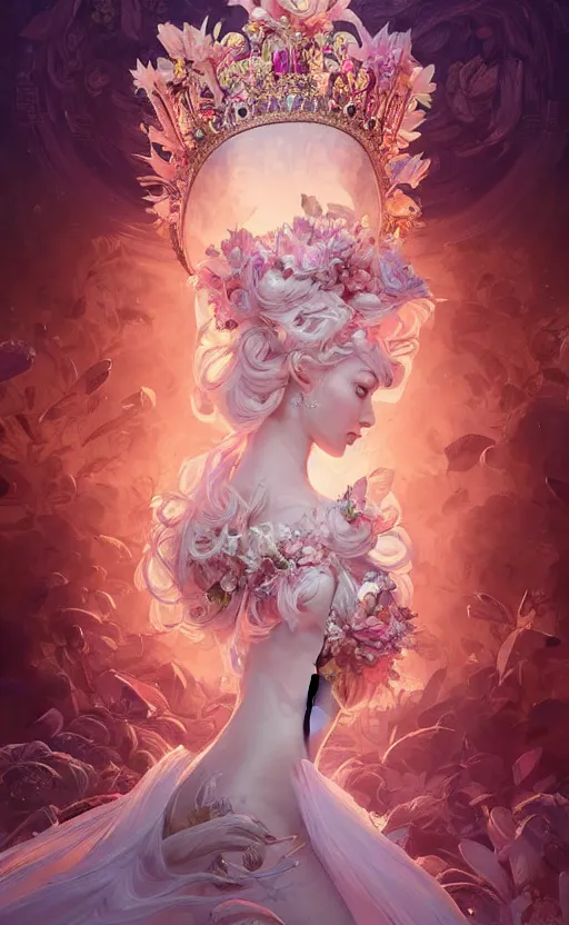 Image similar to A beautiful fantasy empress, highly detailed full body, breathtaking flower tiara, gorgeous aristocrat robe, beautiful figure, epic composition, ultra wide-shot, dynamic pose, concept art, beautifully lit, digital painting, smooth, character design, sharp focus, elegant, intricate, artstation, by WLOP and James Jean and Victo Ngai and Ryohei Hase