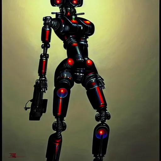 Prompt: geisha death robot, killbot, gun coming out of mouth, very realistic, artwork by jim burns, cyberpunk, sci - fi