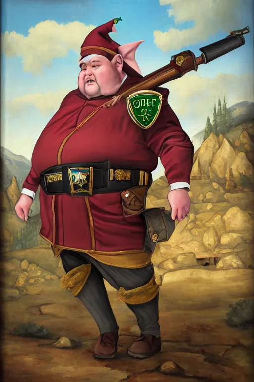 Image similar to high fantasy elf mall cop with a sheriff's badge that is fat, shifty, 1500s Oil Painting, Carvagio, RPG portrait, 8K digital scan