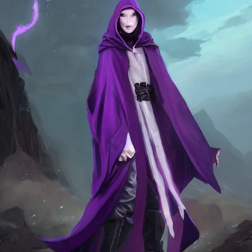 Image similar to female warlock long hood cloak purple, fighting monster with magic, 8 k, trending on artstation by tooth wu and greg rutkowski