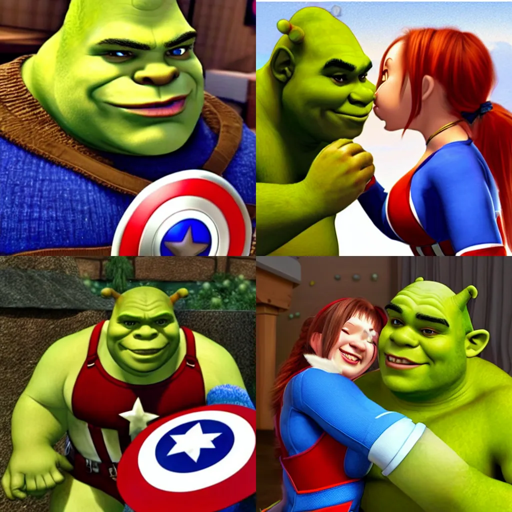 Prompt: shrek dressed as captain america kissing vanilla from nekopara