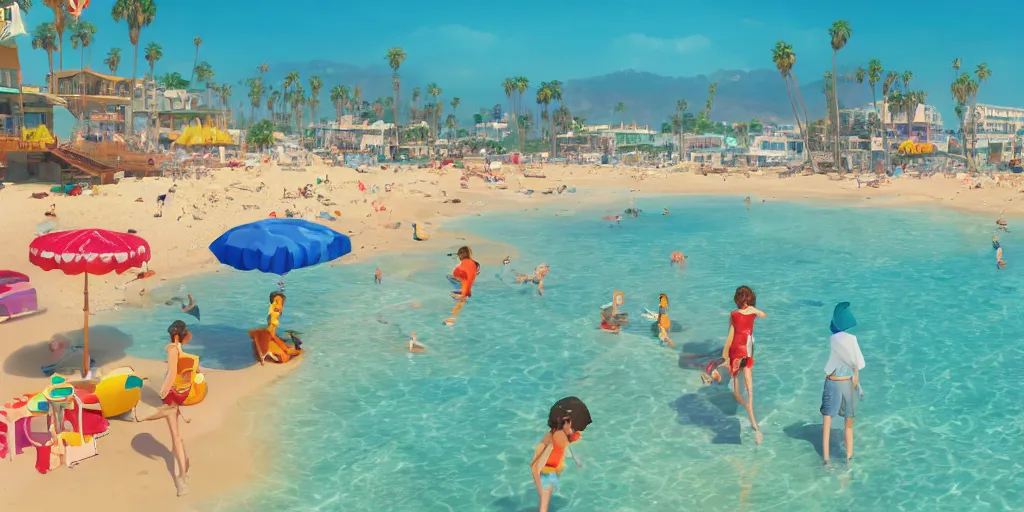 Prompt: a film still of a sunny and colourful beach scene in santa monica, los angelos, top shot, wes anderson, studio ghibli, pixar and disney animation, sharp, rendered in unreal engine 5, anime key art by greg rutkowski, bloom, dramatic lighting