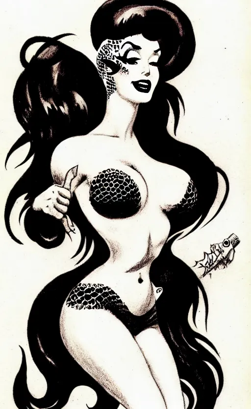 Image similar to mermaid with a detailed face and black hair, burlesque psychobilly, rockabilly, punk, white background, drawing, illustration by frank frazetta