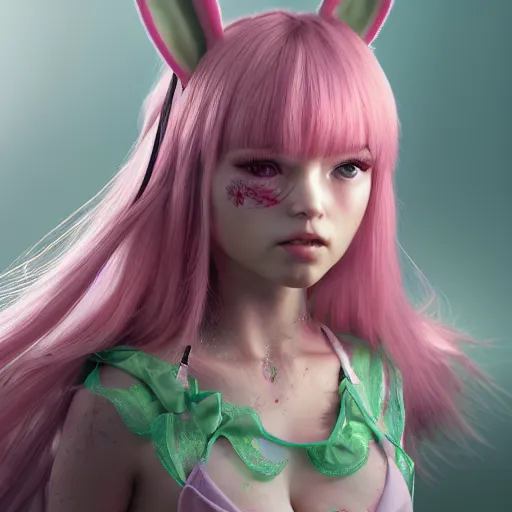 Image similar to ultrarealistic sweet bunny girl, intricate details, green eyes, 8K, long hair, fluffy, pink, lollipop, high octane render