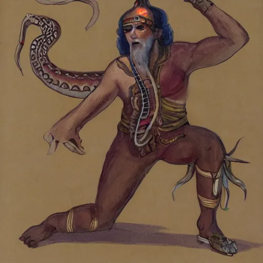 Prompt: A human bard, lower half of his body is snake, like a Naga, Naga-Tirr, Naga-Hakash, snake, mixed with snake