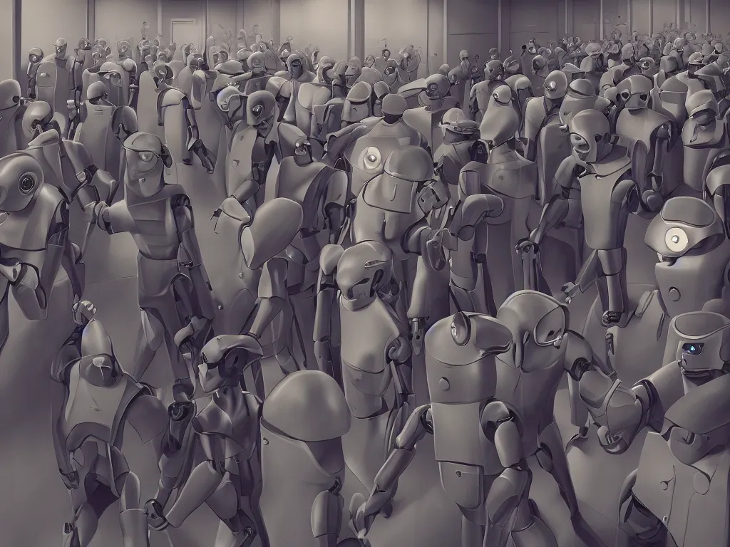 Image similar to authoritarian robot cops herd young men into security cells in a fascist police state, art by manuel sanjuian and george tooker and james paick, cinematic, spooky science fiction, digital illustration, 8 k resolution, hyperrealism