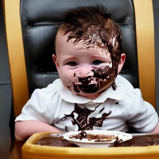 Image similar to a baby with donald trump's head sits in a highchair with chocolate pudding all over his face, gettyimages,