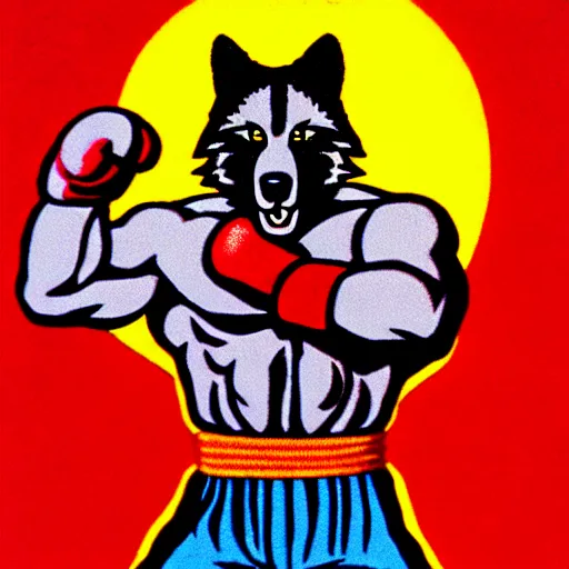 Image similar to full body portrait. 1 6 bit sega graphics. antropomorphic muscular masculine wolf, kickboxer fighter, in shorts, wolf head, in front of burning town at night. furr on body. 1 9 8 9