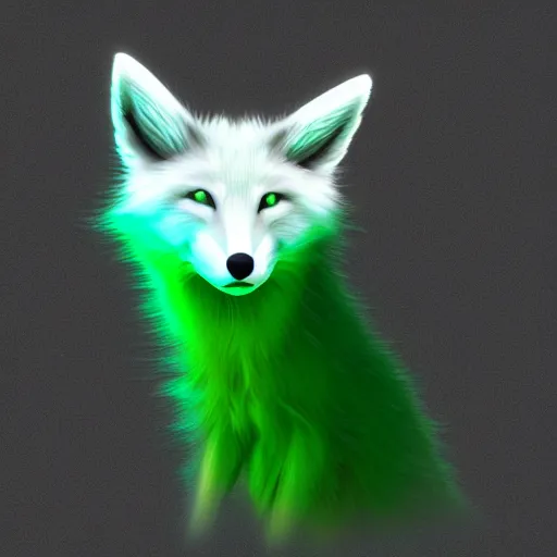 Prompt: digital green white white green and green fox, retrowave palette, digital world, highly detailed, electric breeze, anatomically correct vulpine, synth feel, fluffy face, ear floof, flowing fur, super realism, accurate animal imagery, 4 k digital art