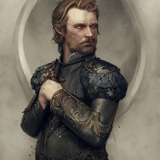 Image similar to a detailed matte head - on portrait painting of an middle - aged nobleman with golden eyes and short well kept hair, by charlie bowater, lise deharme, wlop, tending on arstation, dungeons and dragon, dnd, pathfinder, fanart, oil on canvas