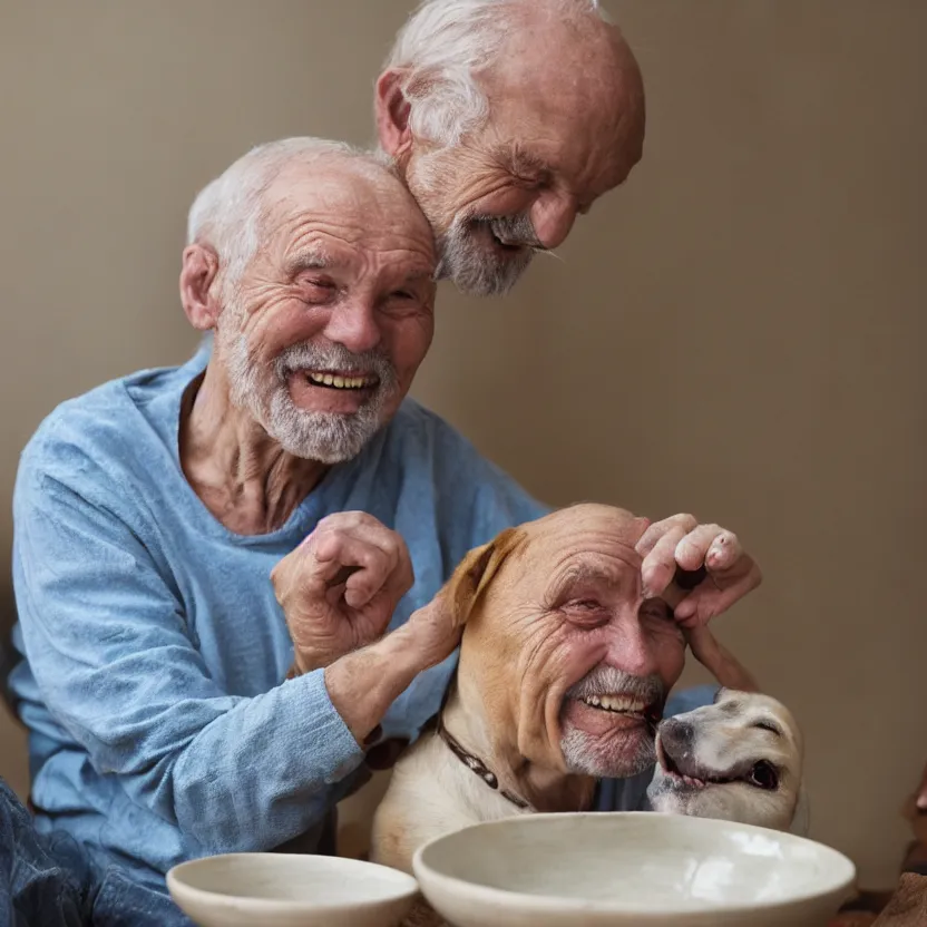 Prompt: old man eating a ceramic bowl, he is smiling as a dog looks at him, 8 k,