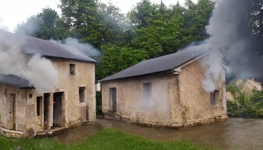 Prompt: mini dv camera footage of a heavy heavy burning french style little house, heavy rain, in a small northern french village, heavy grain, very low quality, high detail, dramatic light