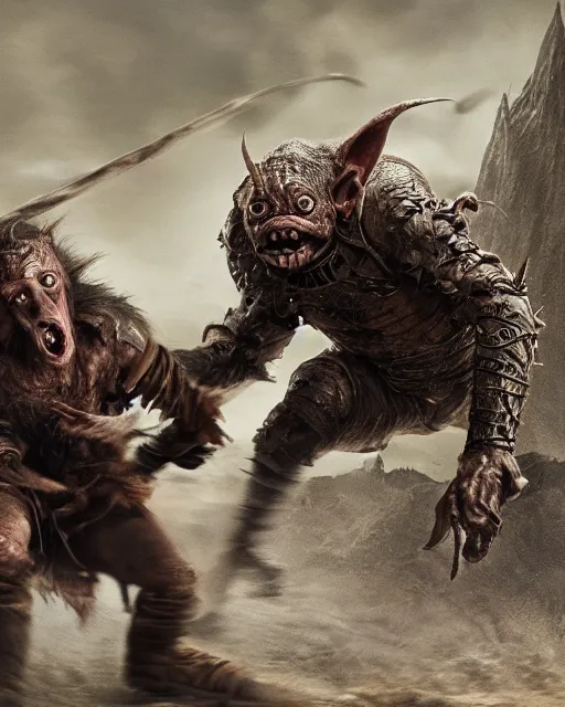 Image similar to highly detailed portrait of a movie goblin, attacking a human warrior with natural brown hair and leather armor. depth of field, breathtaking, detailed and intricate environment, 8 k resolution, hyperrealistic