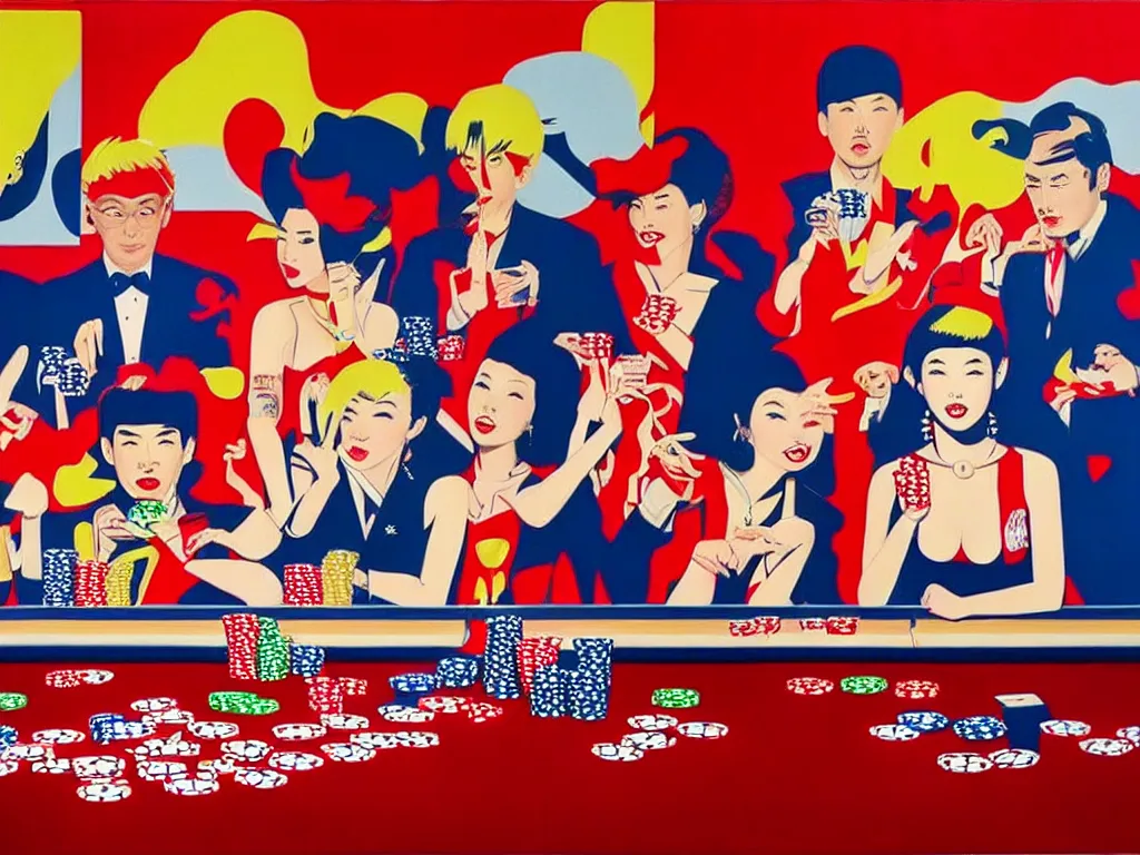 Image similar to hyper - realistic composition of a room in a casino with an extremely detailed poker table, croupier in traditional japanese kimono standing nearby fireworks in the background, pop art style, jackie tsai style, andy warhol style, acrylic on canvas