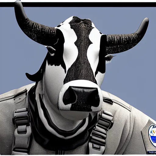 Prompt: a highly detailed ultra realistic photograph of a cow dressed in a fighter jet jumpsuit and mask