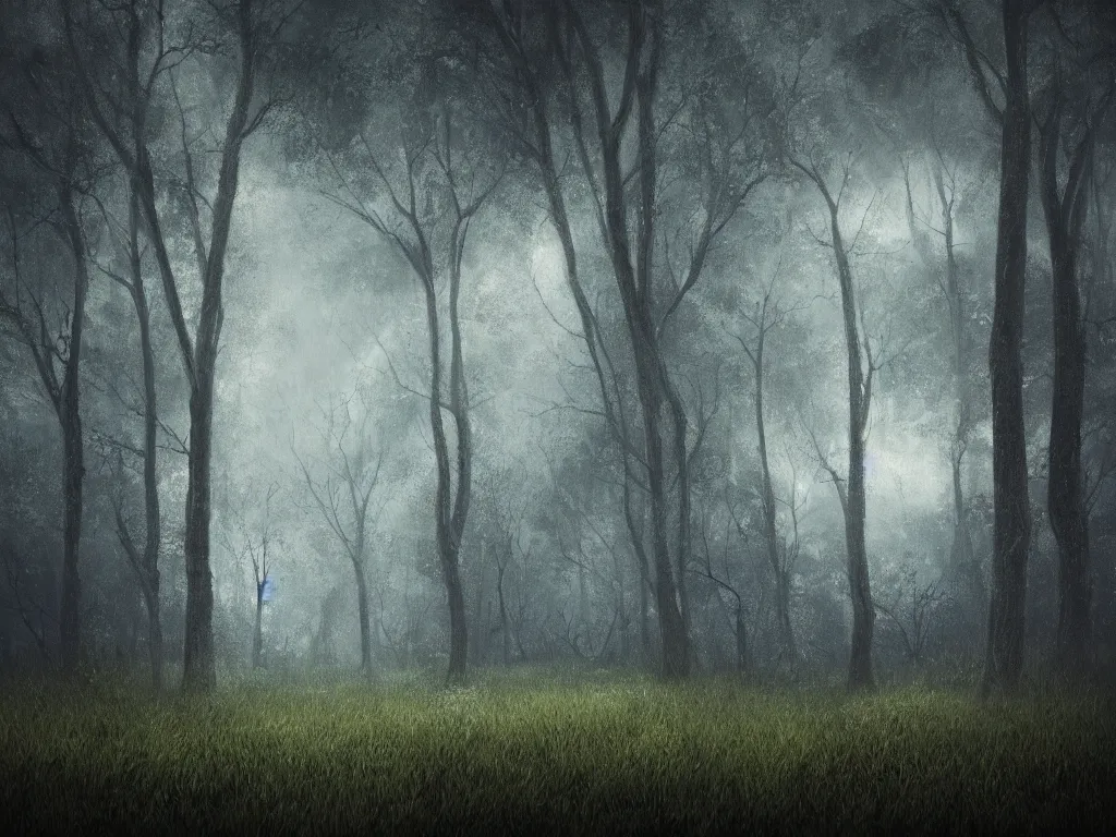 Image similar to A painting of forest in stormy day, a mysterious thing is happening, octane render, 8K, gothic art, digital art, oil on canvas, trending on artstation, 30mm