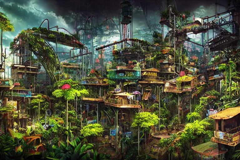 Image similar to favela winding cybernetic amusement park, lush floral jungle environment, industrial factory, apocalyptic, award winning art, epic dreamlike fantasy landscape, ultra realistic,