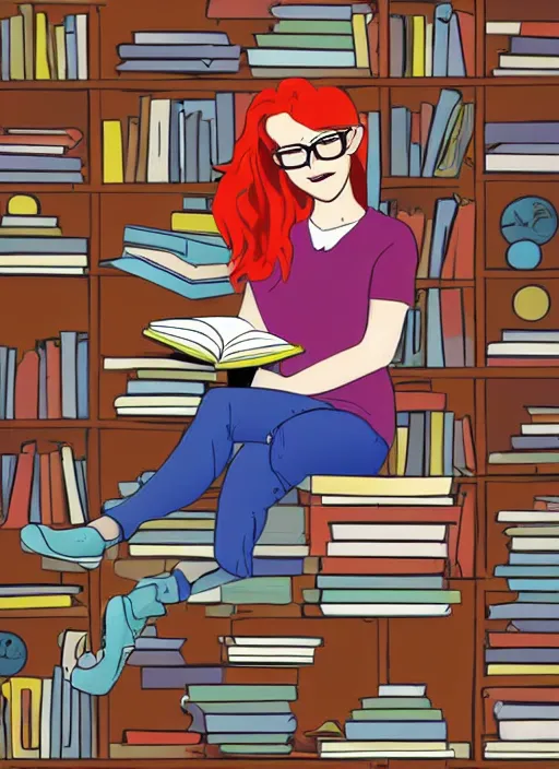 Prompt: a young woman with red hair and glasses sits on top of a tall pile of books. she is reading. clean pretty cartoon painting, cel shaded, beautiful detailed face.