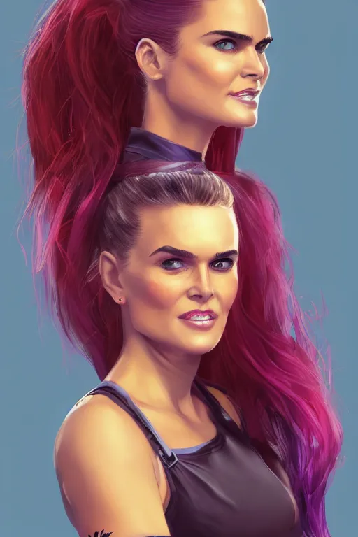 Prompt: portrait of a mix of young maria shriver, mariel hemmingway, brooke shields and elle macpherson as a marvel super hero, thin lips, hair tied up in a pony tail, colorful artstation, cgsociety