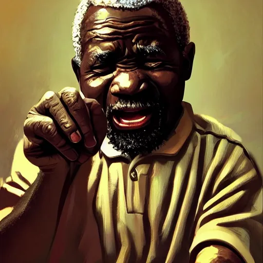 Image similar to An old african man raging and screaming and Television, holding a controller. Nice rimlight. By ilya kuvshinov, krenz cushart, Greg Rutkowski, trending on artstation. Sharp highlights, amazing textured brush strokes, accurate shape, cinematic soft, 8k, VFX, dramatic lighting, psychedelic colouring