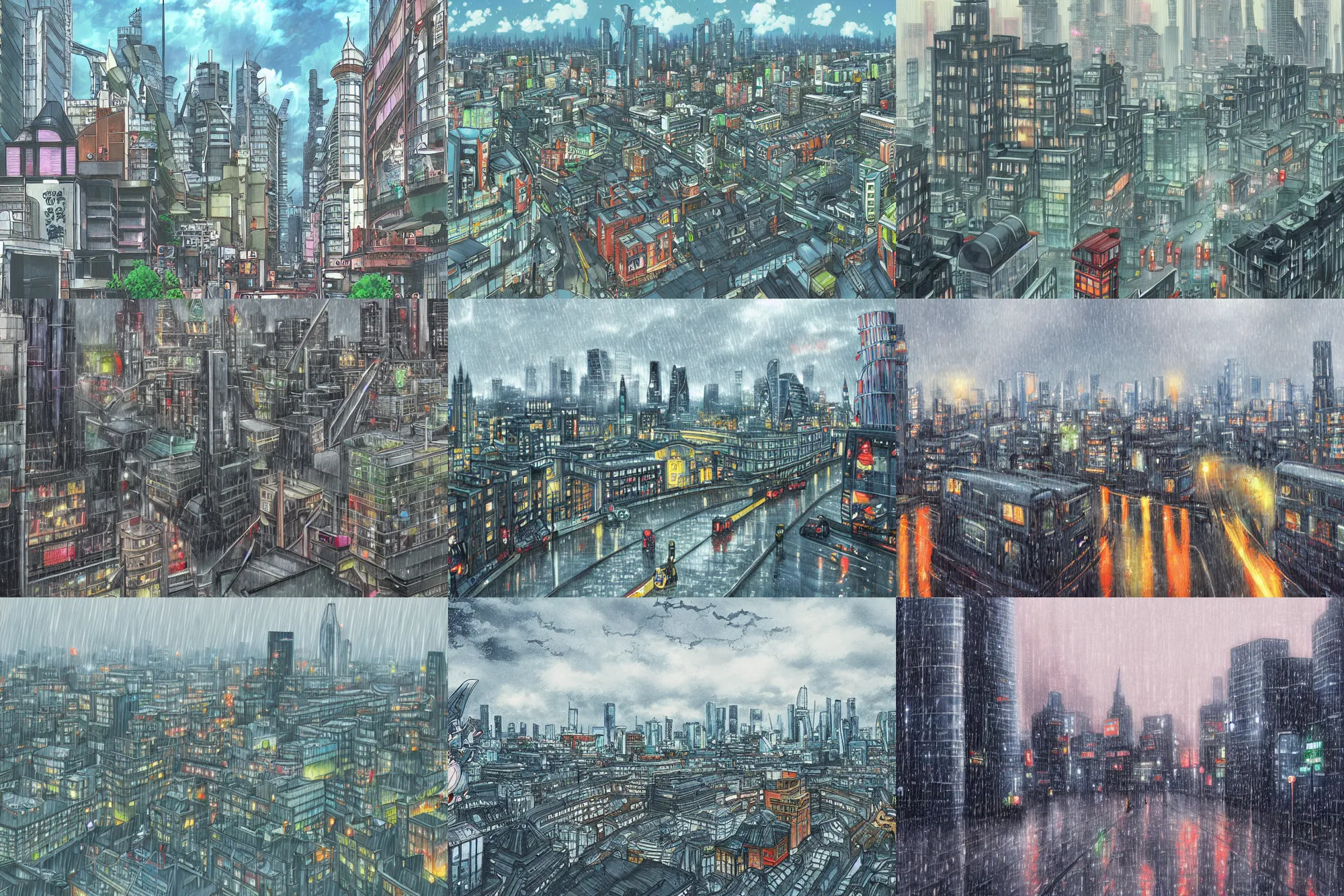 Prompt: cityscape, dreary, london, skyline, rain, anime art by studio ghibli