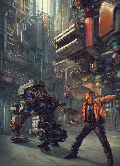 Image similar to Dumb Thug. Buff cyberpunk meathead fighting a small robot. Realistic Proportions. Epic painting by James Gurney and Laurie Greasley. Moody Industrial setting. ArtstationHQ. Creative character design for cyberpunk 2077.