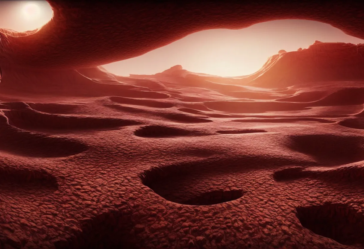 Image similar to inside of alien desert flowing landscape of human mind and imagination, matte painting, beautiful render, octane render, concept art