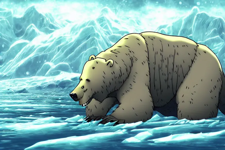 Prompt: cell shaded cartoon of a giant lovecraftian mechanized polar bear from howl's moving castle ( 2 0 0 4 ), wading through an icy river, full body, wide shot, very muted colors, post grunge, studio ghibli, highly detailed, deviantart, art by artgem