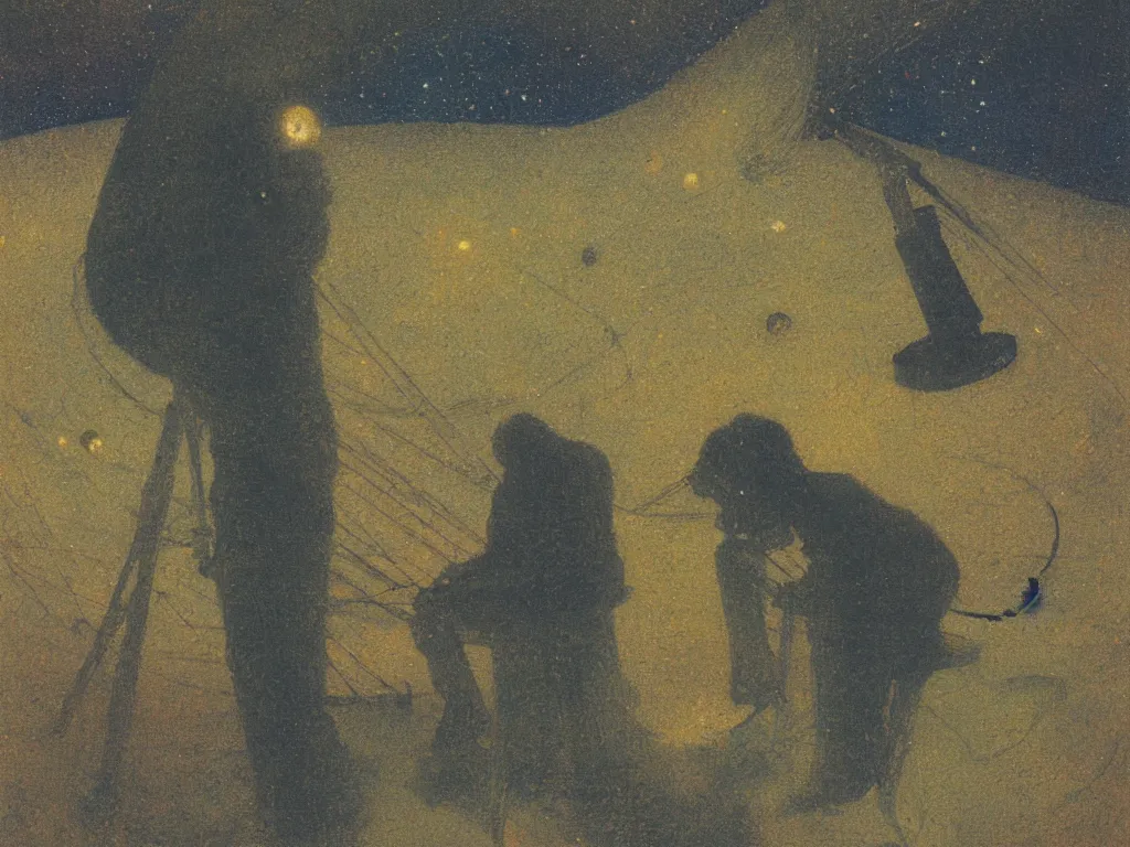 Image similar to painting by mikalojus konstantinas ciurlionis. portrait of astronomer asleep at the telescope. comet