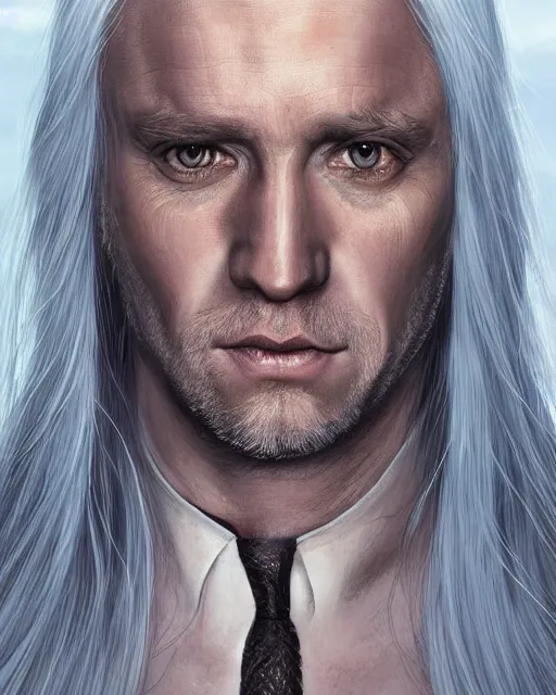 Image similar to portrait of 4 0 - year - old man with long white hair with a pale complexion, malfoy lucius, clear face, pointed face and grey eyes, hyper realistic face, beautiful eyes, character art, art by mark brooks, hyperdetailed, cryengine, trending on artstation, digital art