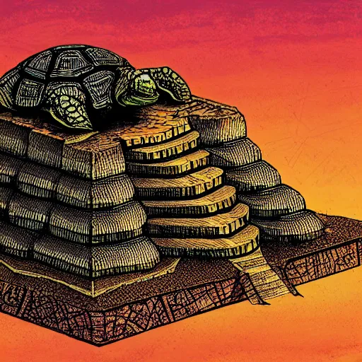 Prompt: ziggurat built around atop a gigantic turtle tortoise highly detailed concept art schematic golden hour Laurie Greasley