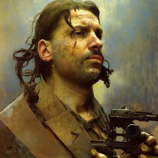 Image similar to half portrait of squirell with a gun! jeremy mann, jean leon gerome, alphonse mucha, greg rutkowski, hood covers his eyes, ( ( ruins of ancient rome ) ), at dusk, mysterious atmosphere, sunrays, dof, masterpiece, high detailed, 8 k