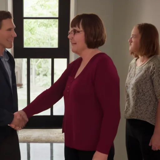 Image similar to jerma985 shaking hands with Cathy Mitchell, wide shot, 4k, professional photography, detailed, film still