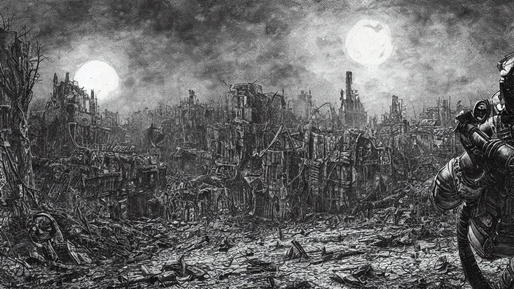 Image similar to Fallout, soldier with a gasmask, dark clouds, fire, burning, dark, eerie, night, dystopian, city, buildings, ruins, trees, moon, eldritch, illustration by Gustave Doré