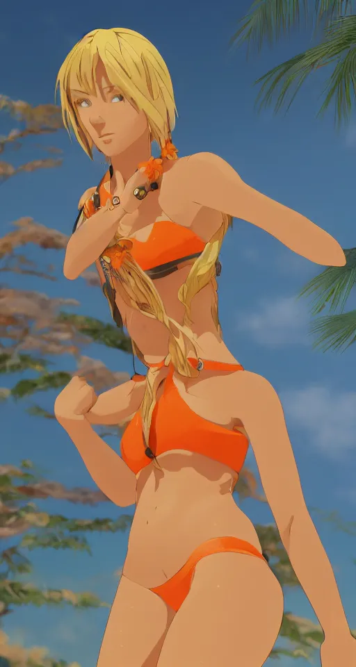 Image similar to beautiful blond woman in orange tribal bikini, blond hair pulled back off the face, green eyes, by makoto shinkai, 8 k, high resolution render, cinematic, unreal engine, clean lineart and flat color,
