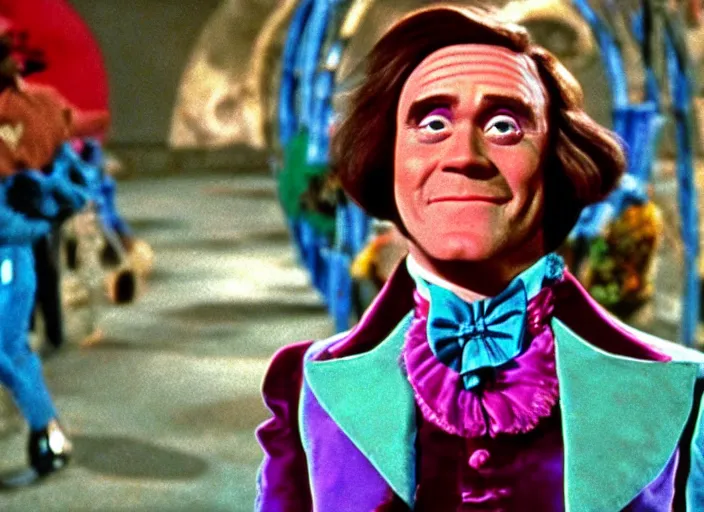 Image similar to film still of Jim Carrey as Willy Wonka in Willy Wonka and the Chocolate Factory 1971