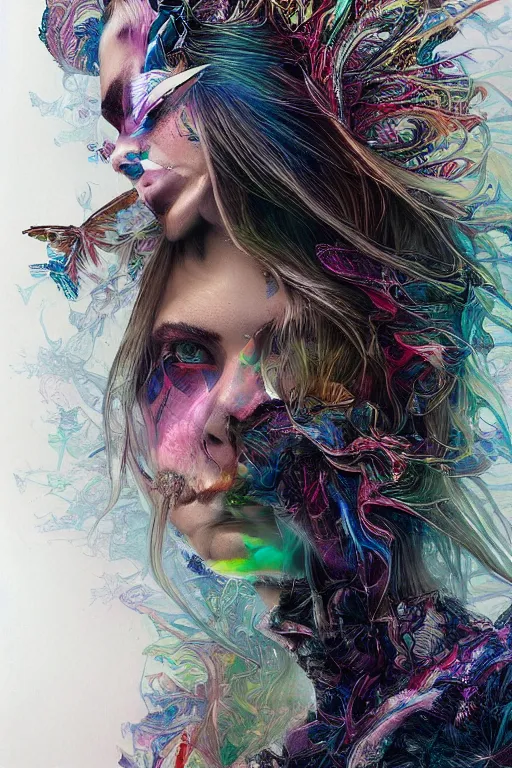 Image similar to an absolutely gorgeous portrait of Cara Delevigne by Android Jones, wings, fractals, Gorgeous colors, face symmetry, insane detail, gorgeous colors, strong composition, awe inspiring lighting, psychedelic, volumetric light, symmetry, subsurface scattering